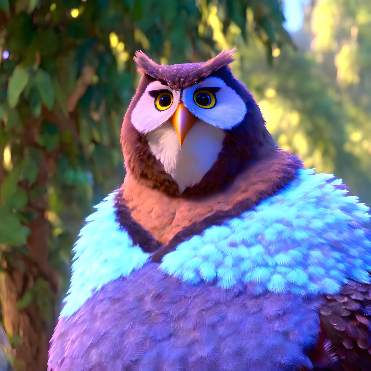 Brown and white animated owl with large yellow eyes in forest setting