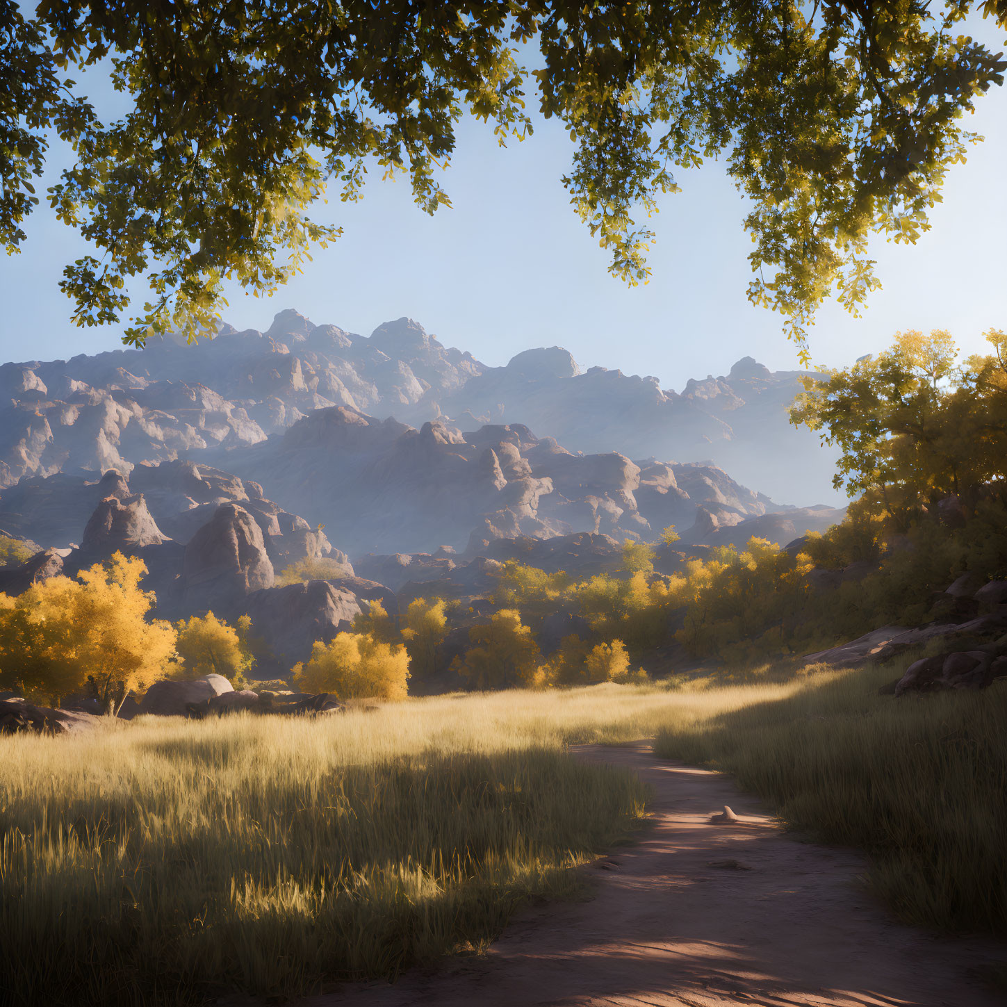 Tranquil Path Through Lush Meadow & Golden Trees to Rugged Mountains