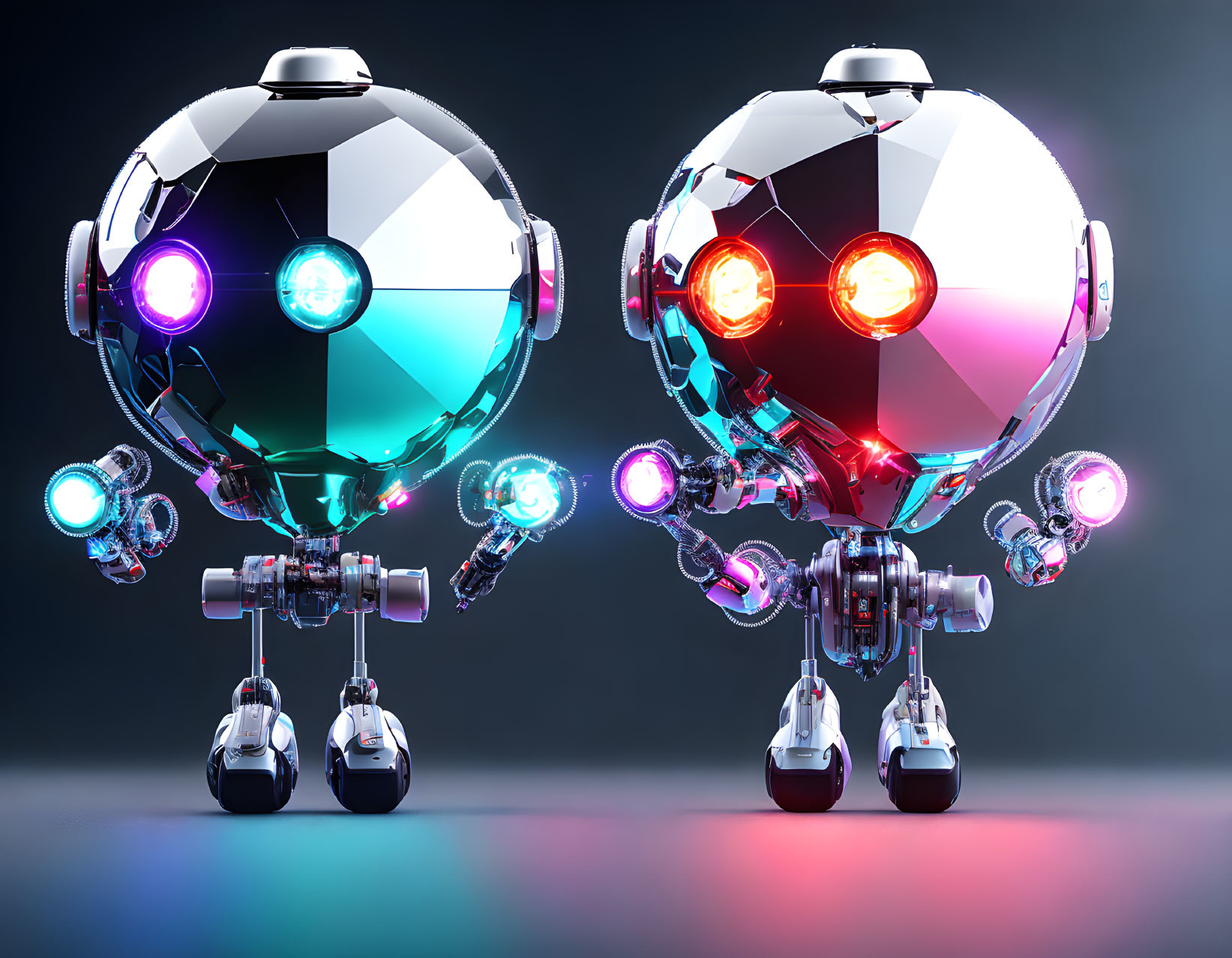 Futuristic robotic soccer balls with neon lights and mechanical limbs on reflective surface