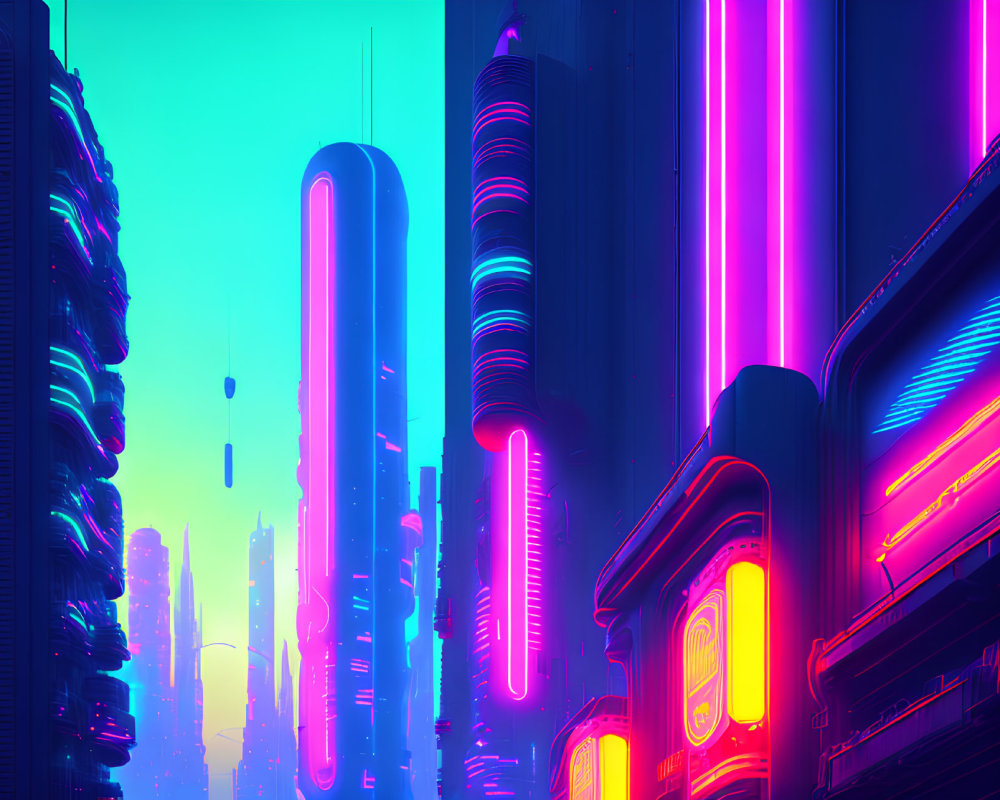 Neon-lit cyberpunk cityscape at dusk