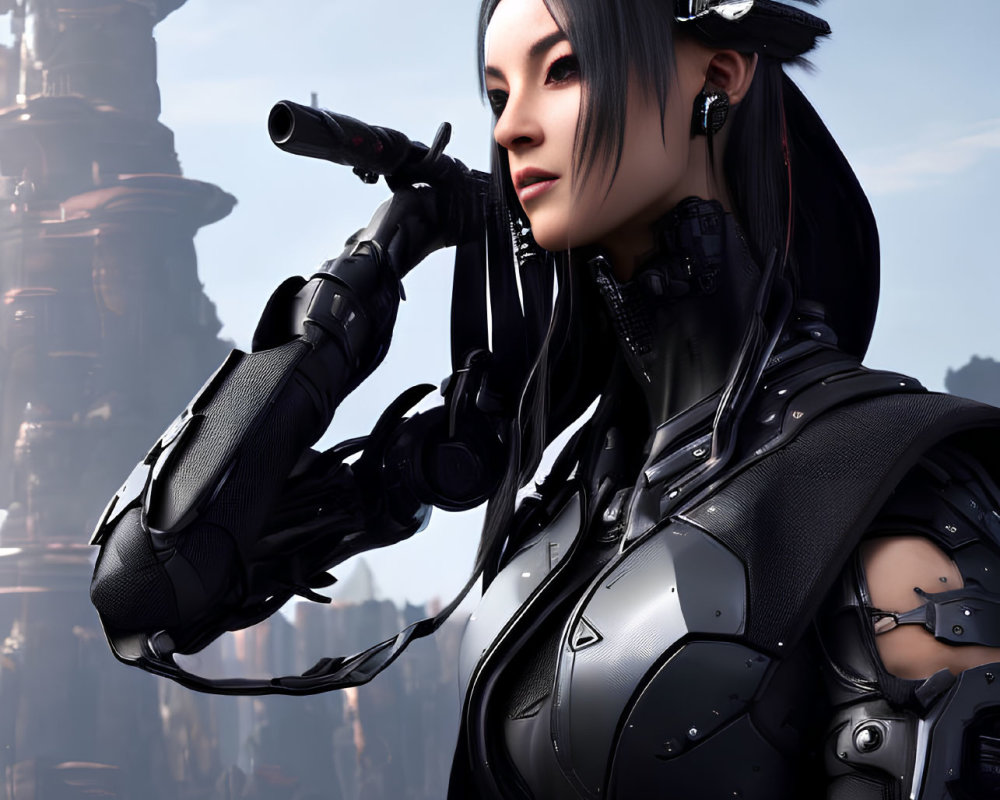 Futuristic female warrior in black armor with cybernetic arm and sniper rifle in high-tech city