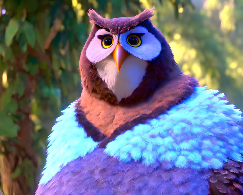 Brown and white animated owl with large yellow eyes in forest setting