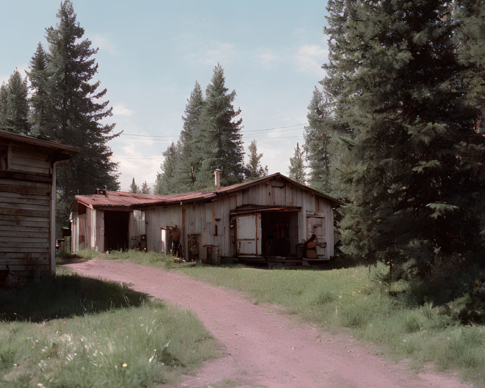 Rustic wooden building with sloping roof and trees on dirt path