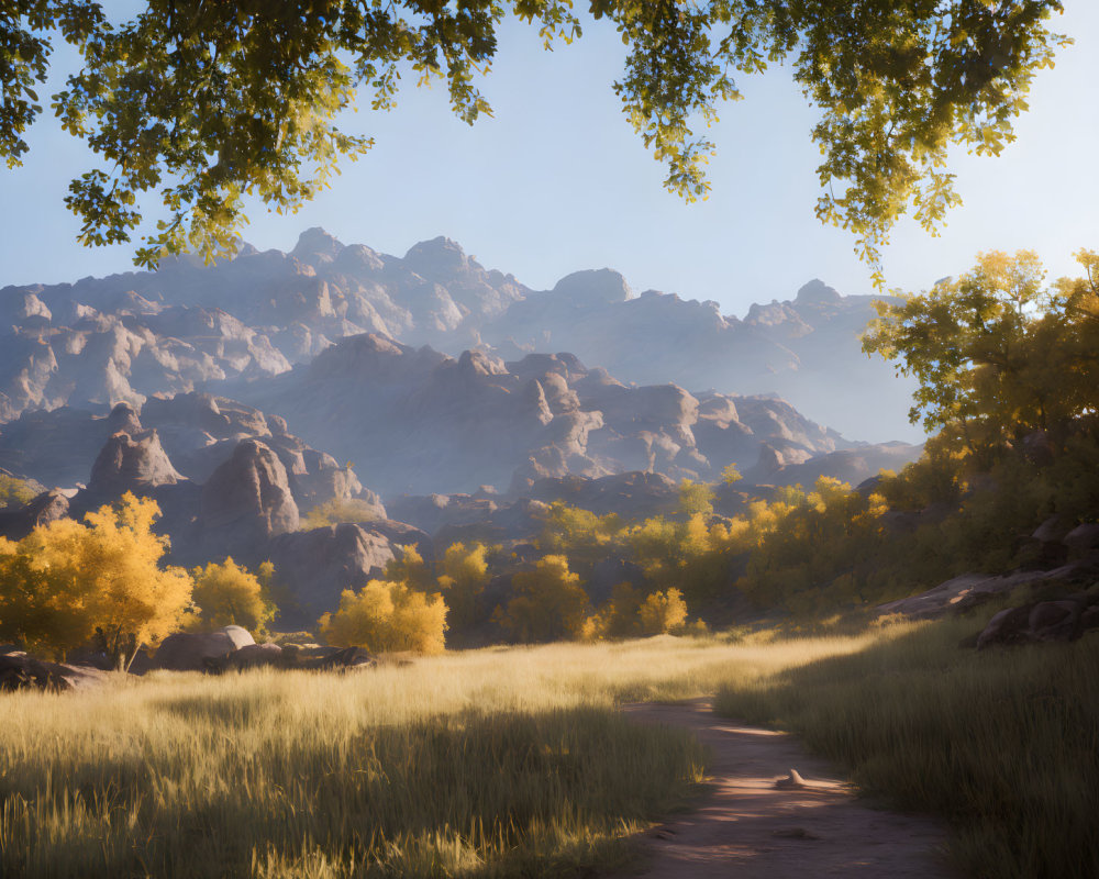 Tranquil Path Through Lush Meadow & Golden Trees to Rugged Mountains