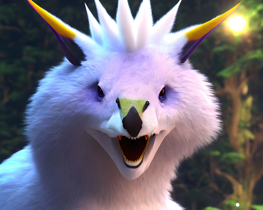 Fantasy white creature with cat-like face and sharp teeth in 3D render