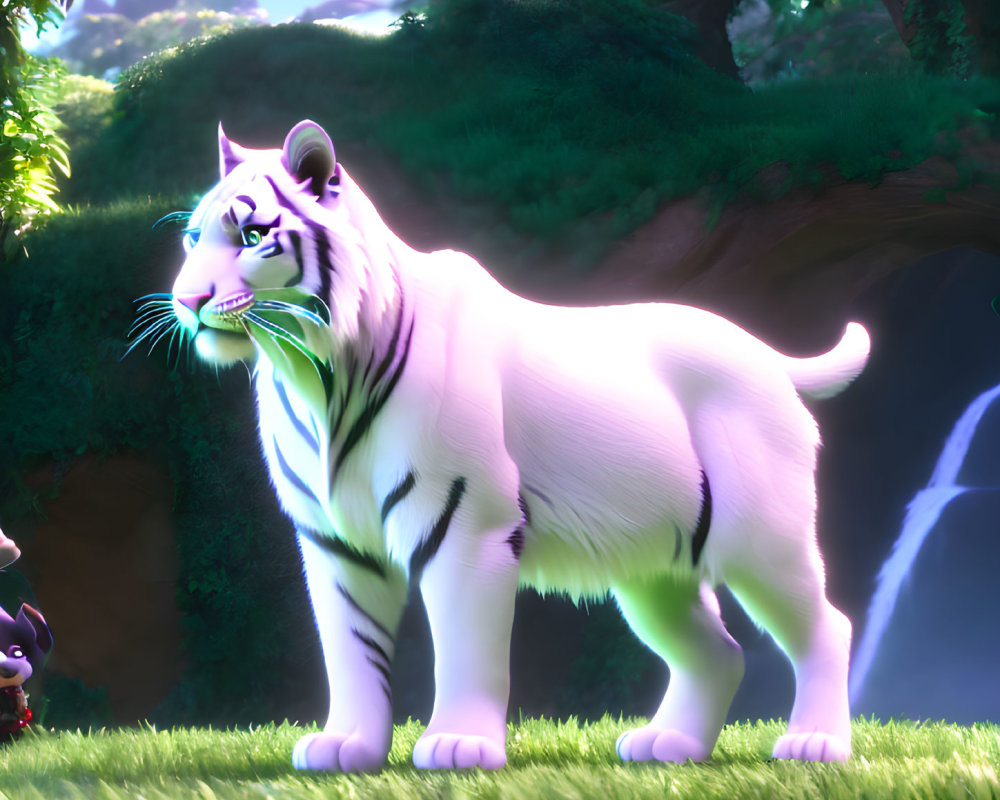 Animated white tiger with purple stripes in vibrant forest with waterfalls and small creature