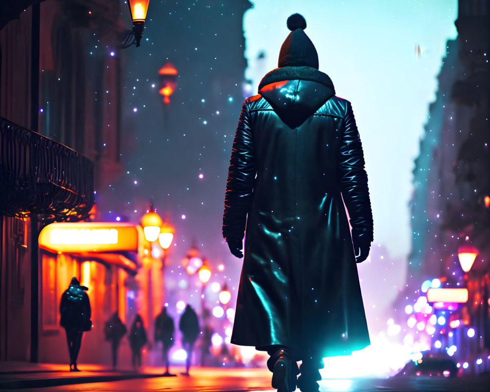 Person in winter coat walks city street at night with snowfall