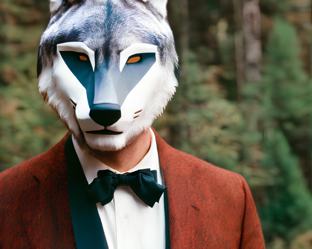 Person in Red Jacket and Wolf Mask in Forest Setting