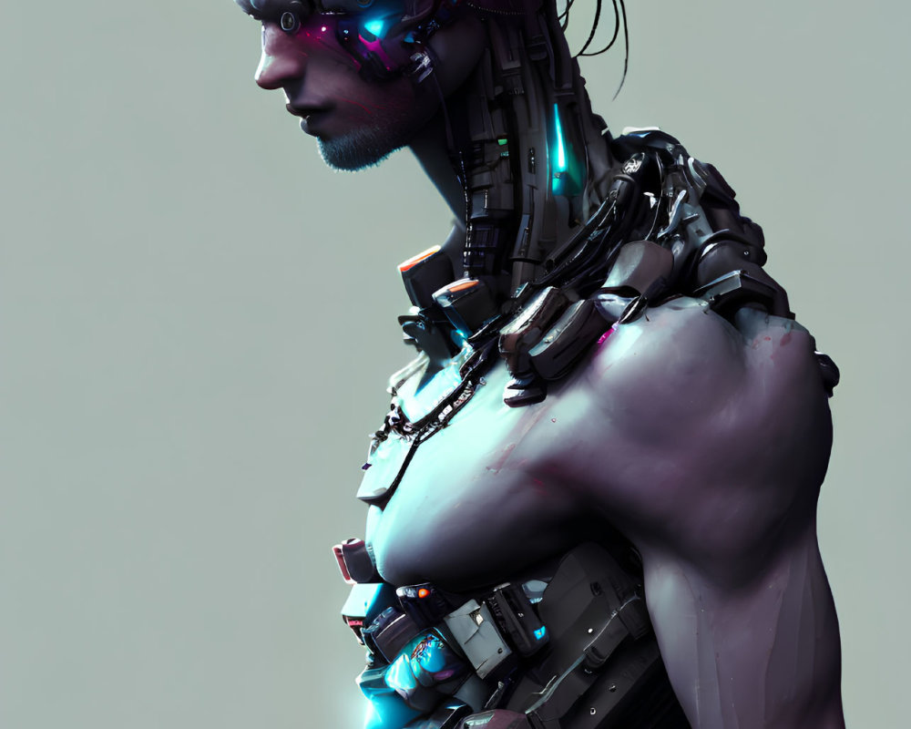 Detailed futuristic android with exposed mechanical parts and neon lights