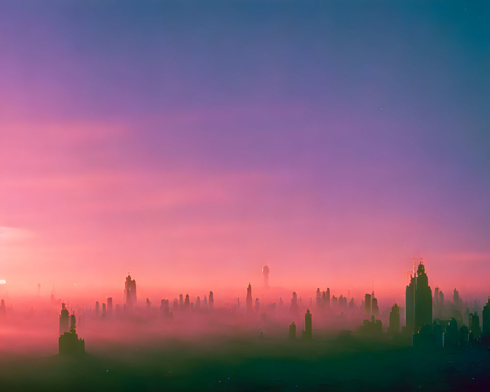 City skyline against vibrant purple and pink sky with misty lower buildings