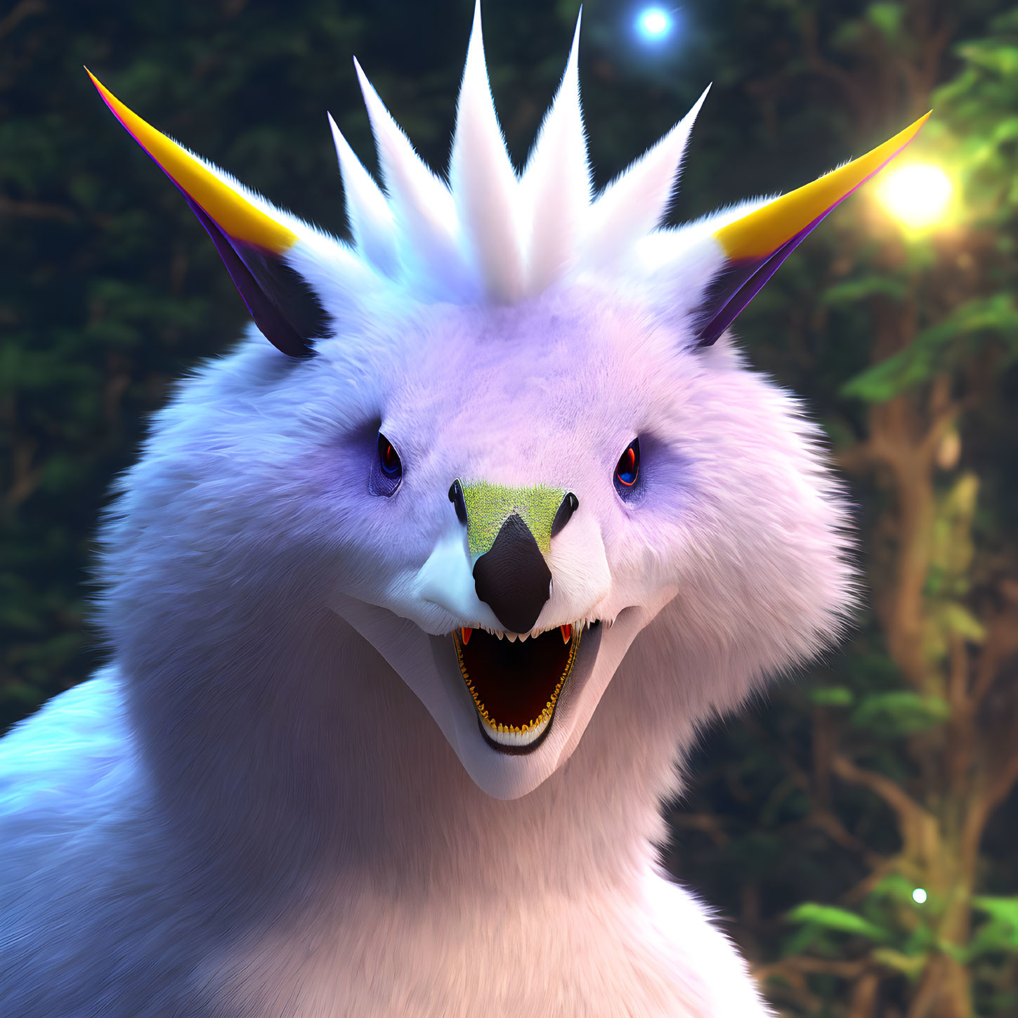 Fantasy white creature with cat-like face and sharp teeth in 3D render