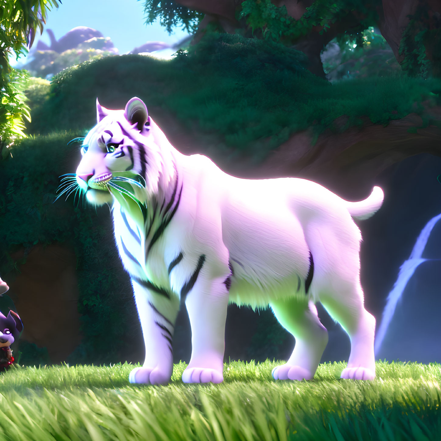 Animated white tiger with purple stripes in vibrant forest with waterfalls and small creature