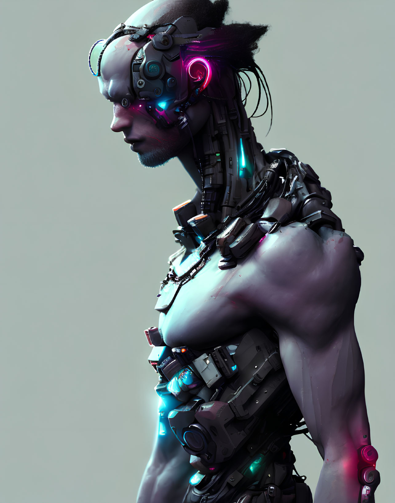 Detailed futuristic android with exposed mechanical parts and neon lights