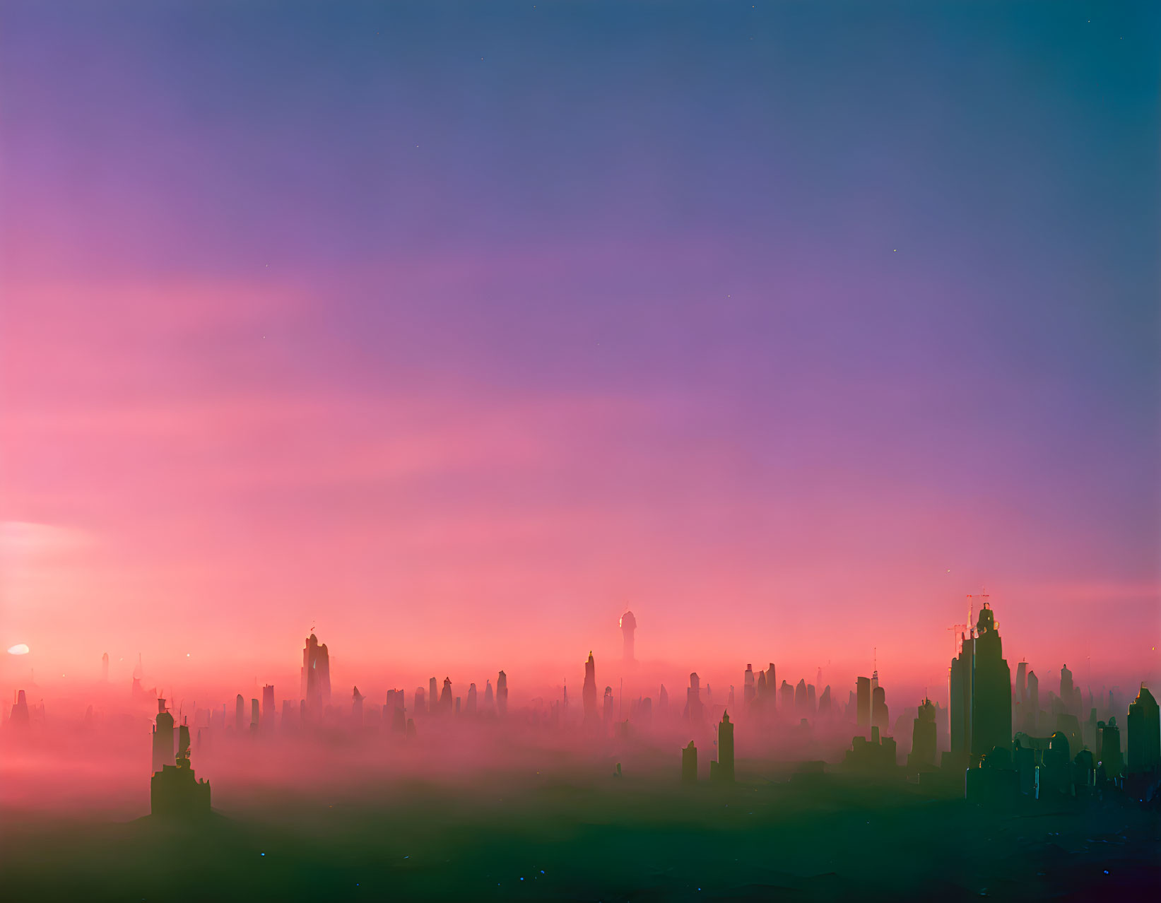 City skyline against vibrant purple and pink sky with misty lower buildings