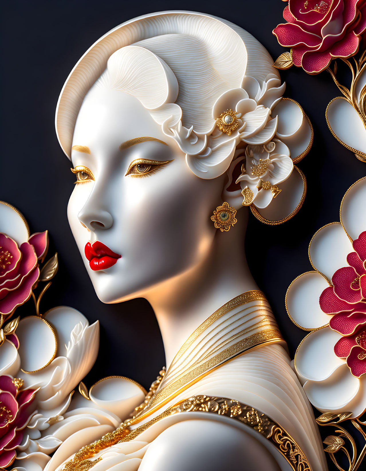 Stylized woman with porcelain skin, red lips, gold earrings, draped in gold, red flowers