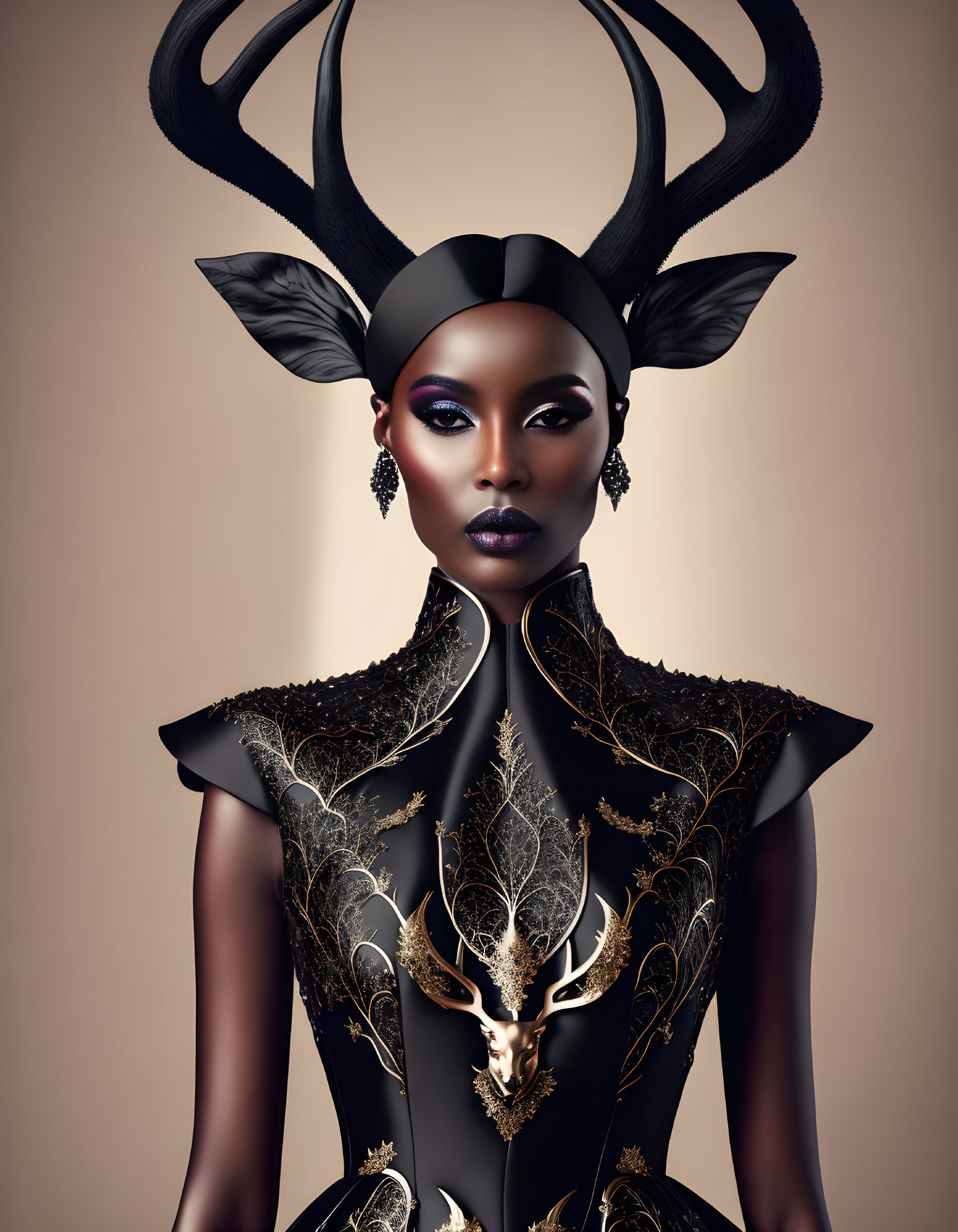 Stylized portrait of person with antlers in dark makeup