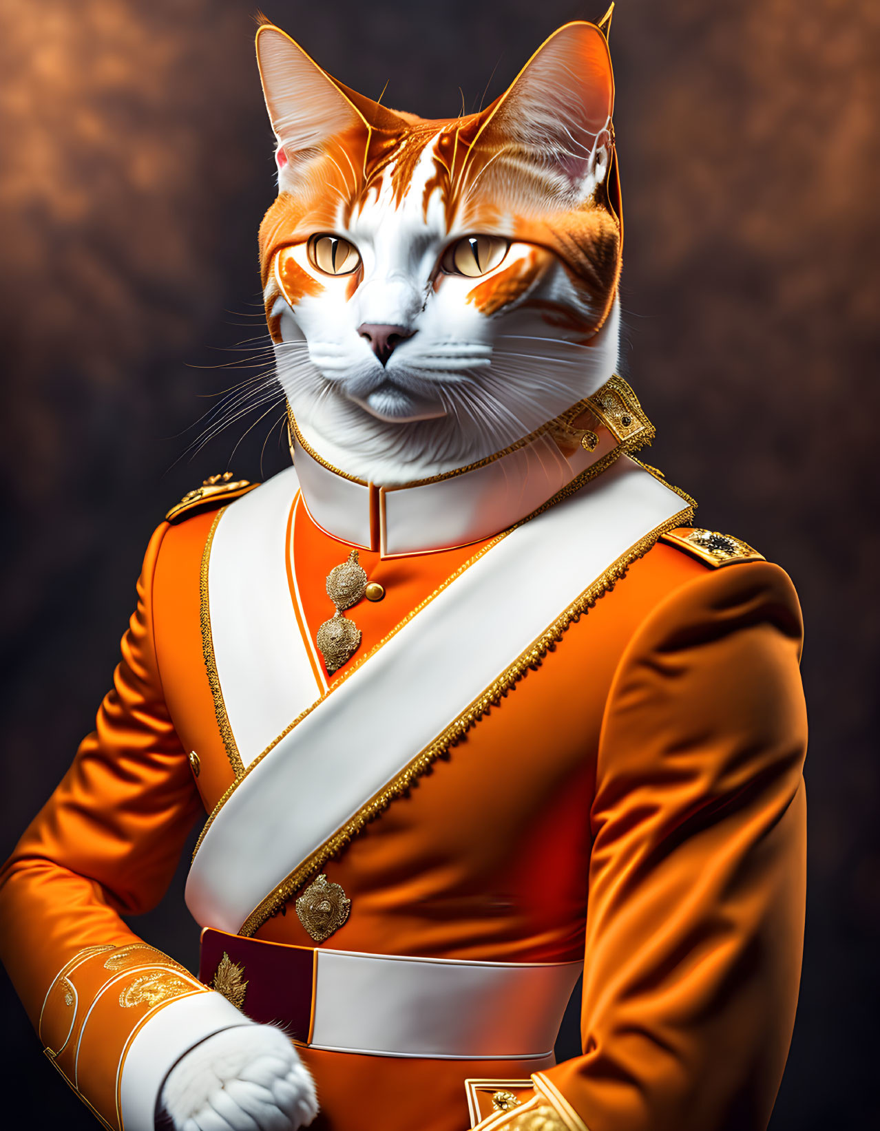 Orange Tabby Cat Head on Human Body in Royal Orange Uniform