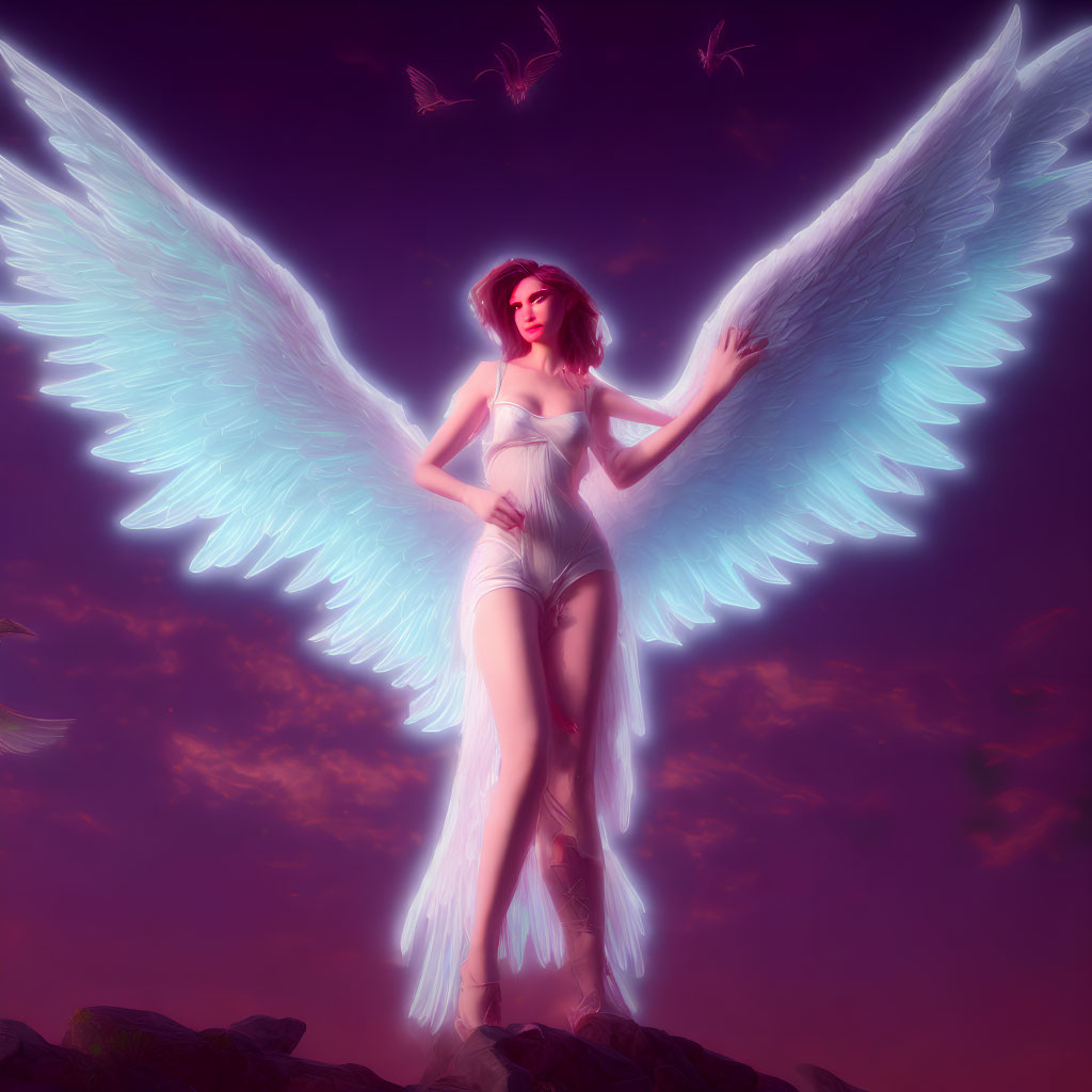 Digital artwork of angelic figure with large blue wings in twilight sky