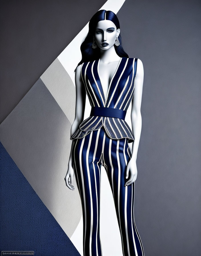 Female model in striped jumpsuit with gold belt on geometric background