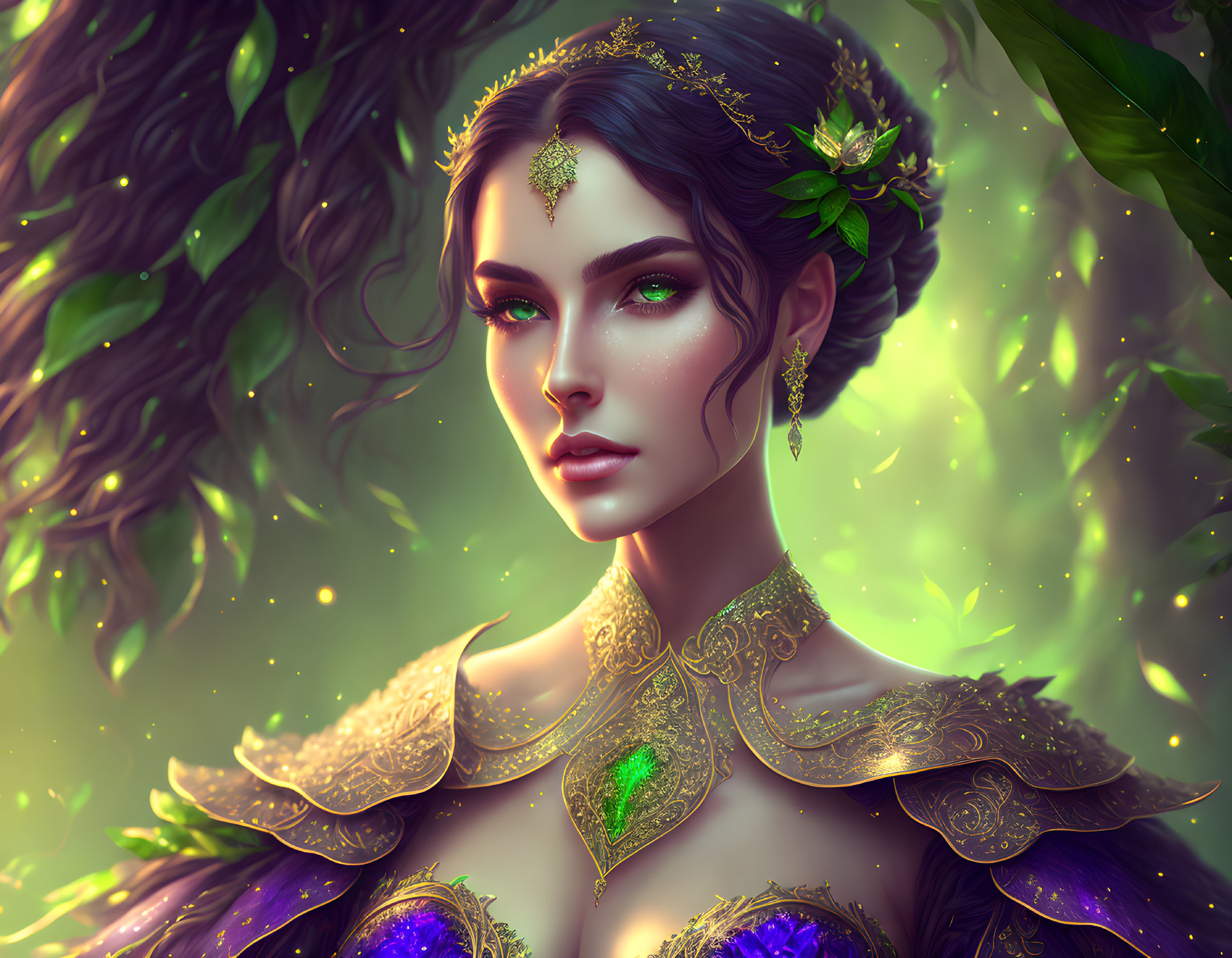 Woman with Striking Green Eyes in Mystical Foliage Setting