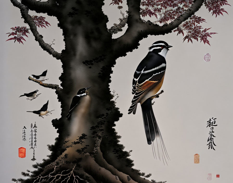 Large tree, birds, Japanese calligraphy, red seals - Detailed painting.