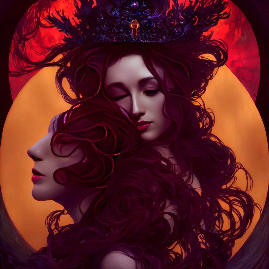 Surreal artwork of woman with flowing hair and second face on profile against fiery backdrop wearing red he