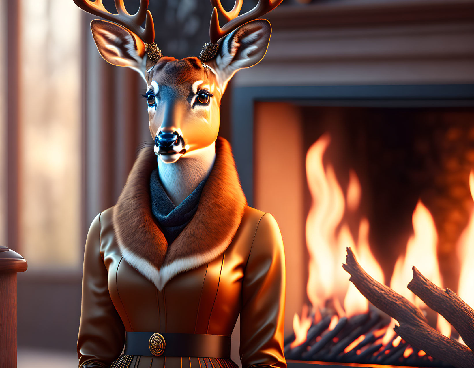 Anthropomorphic deer in leather jacket by fireplace