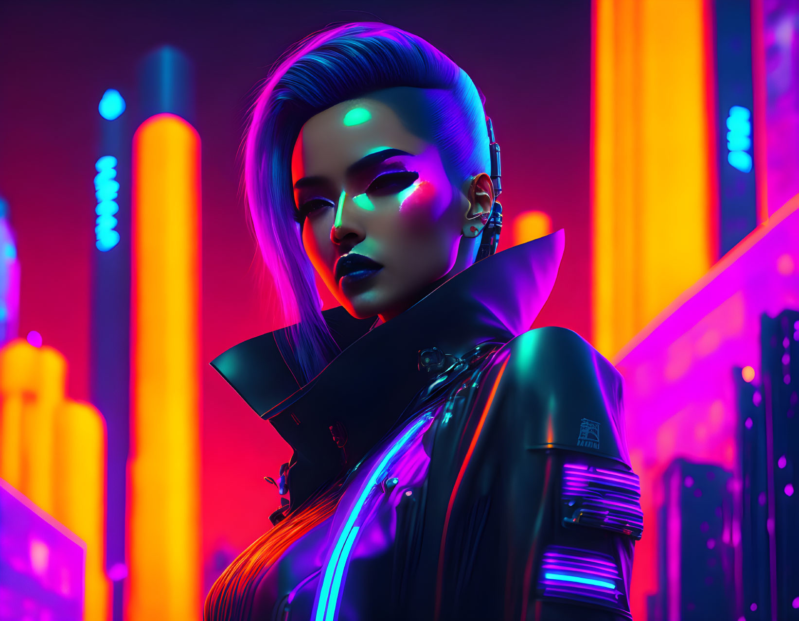 Futuristic female character with cyberpunk attire and neon lighting