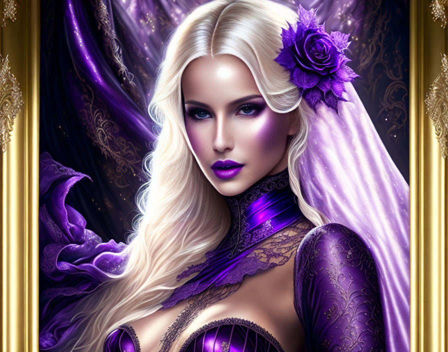 Digital artwork of woman with platinum blonde hair in purple gown against lavish backdrop