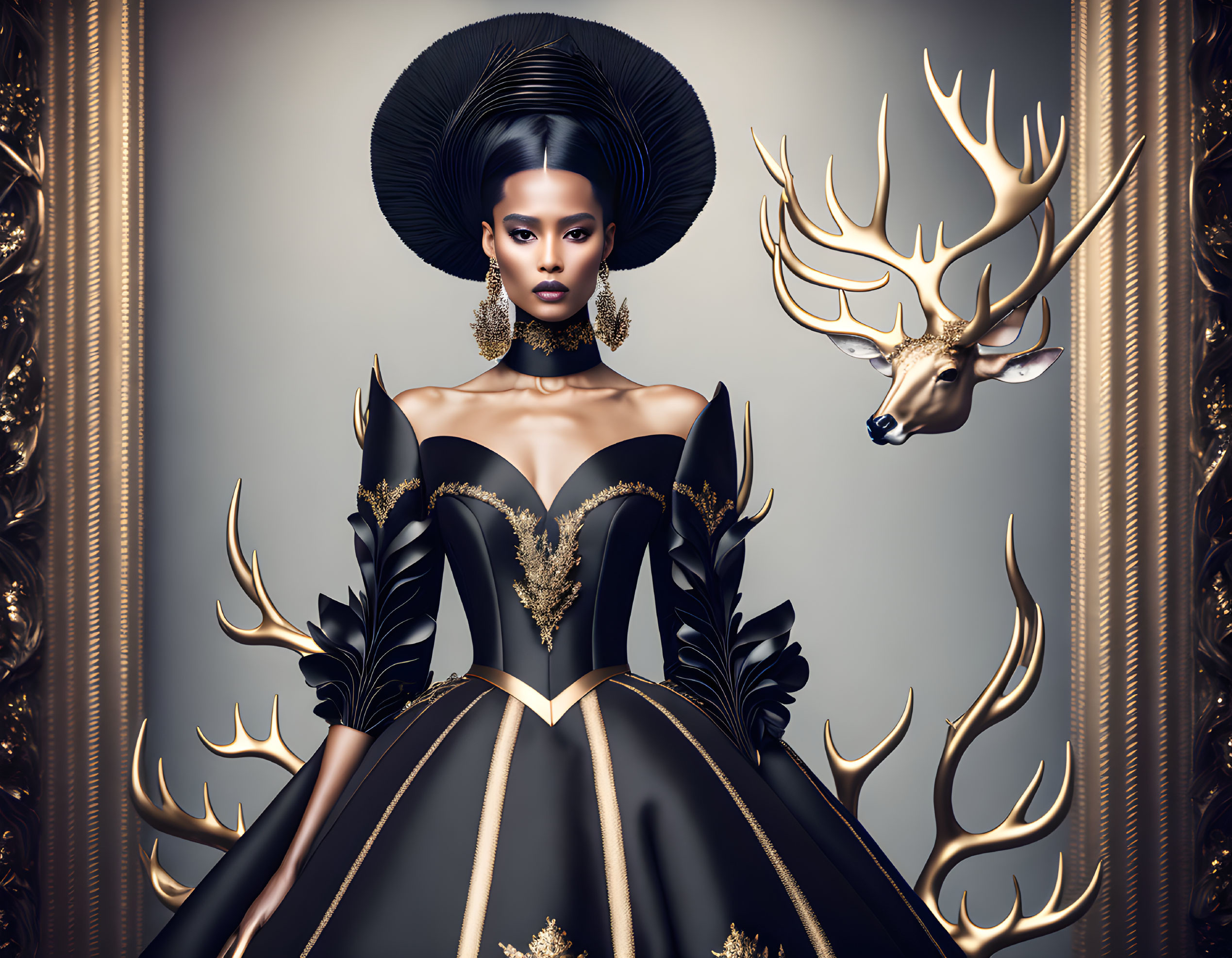 Luxurious black and gold dress with ornate headdress and golden stag in baroque-style decor