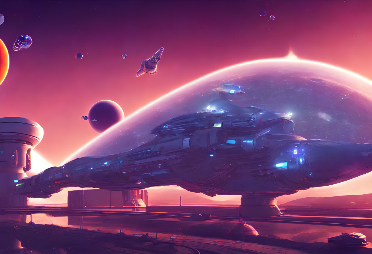 Futuristic spaceship docking at spaceport with giant planet and celestial bodies in pinkish-purple sky