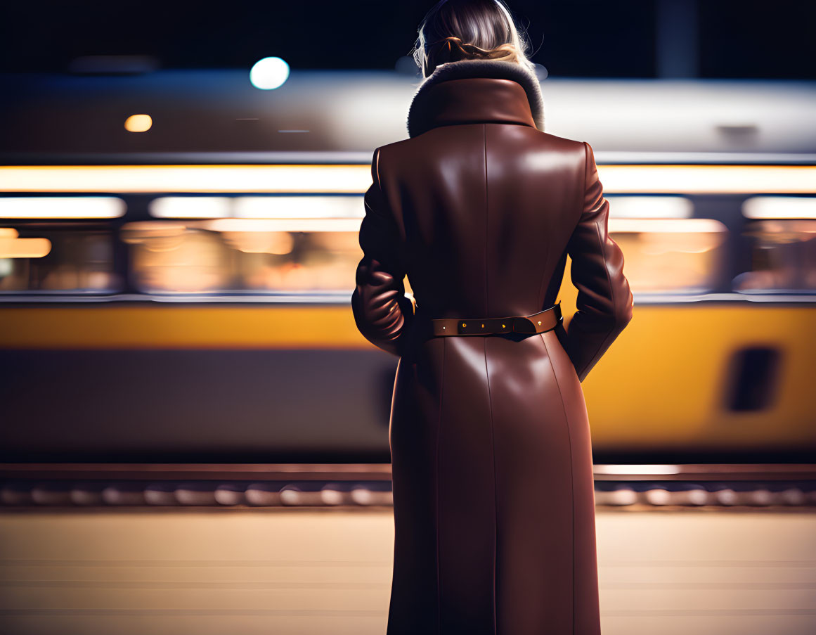 Stylish person in brown leather coat on platform at night with blurred train lights