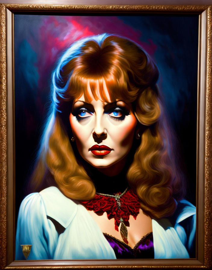 Vibrant painting of woman with red hair and blue eyes in vintage outfit