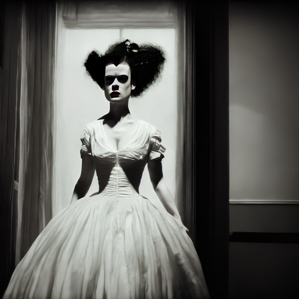 Vintage white dress with voluminous skirt and dramatic dark hairstyle in front of bright window on monochrome backdrop