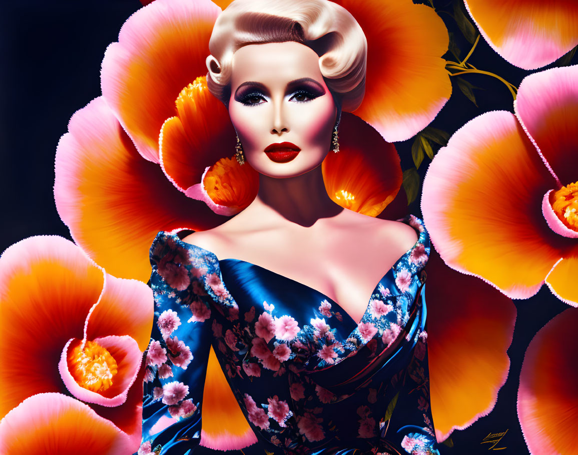 Stylized portrait of woman with vintage hair, bold makeup, floral dress surrounded by vibrant poppy