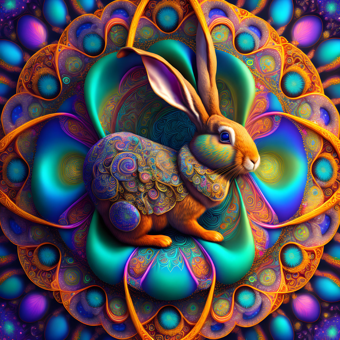 Colorful digital art: stylized rabbit with intricate patterns amid vibrant floral mandalas