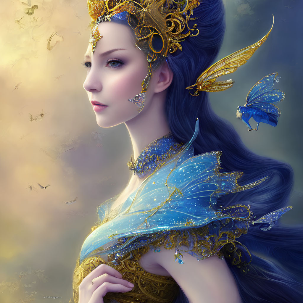 Fantasy illustration of elegant woman with golden crown and blue-winged fairy.