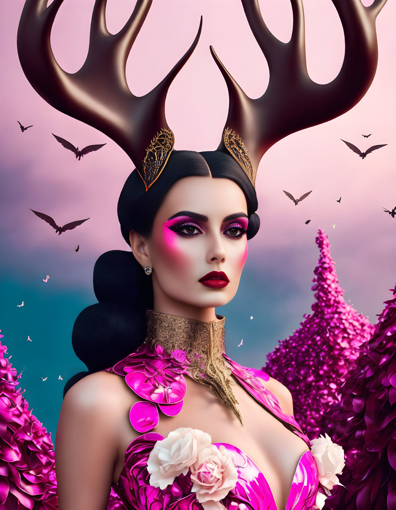 Surreal portrait of woman with dramatic antlers and vibrant pink makeup