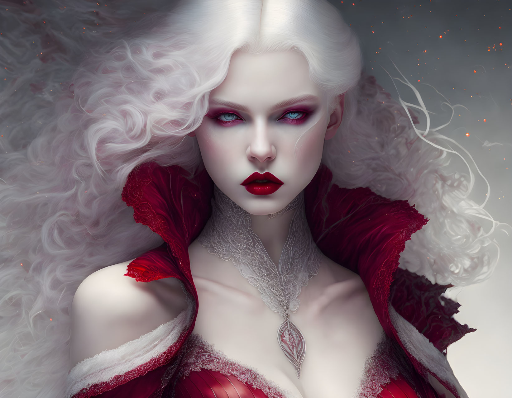 Digital Artwork: Woman with Pale Skin, Red Eyes, White Hair, Red & White Dress