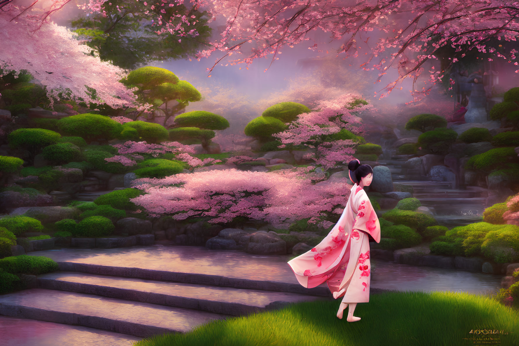 Pink kimono-clad woman in serene Japanese garden with cherry blossoms, stone pathways, and streams