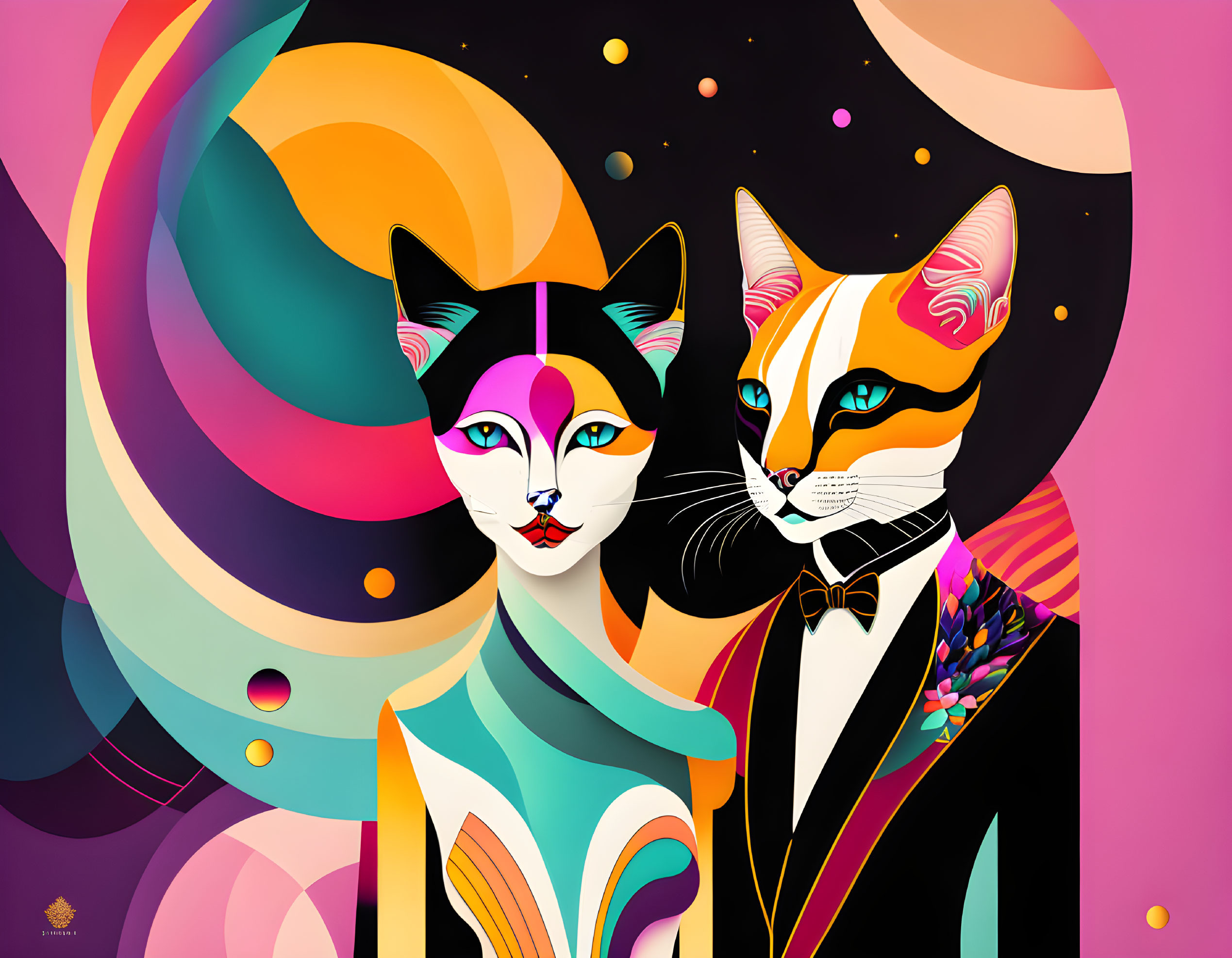 Colorful Abstract Cats on Cosmic Background