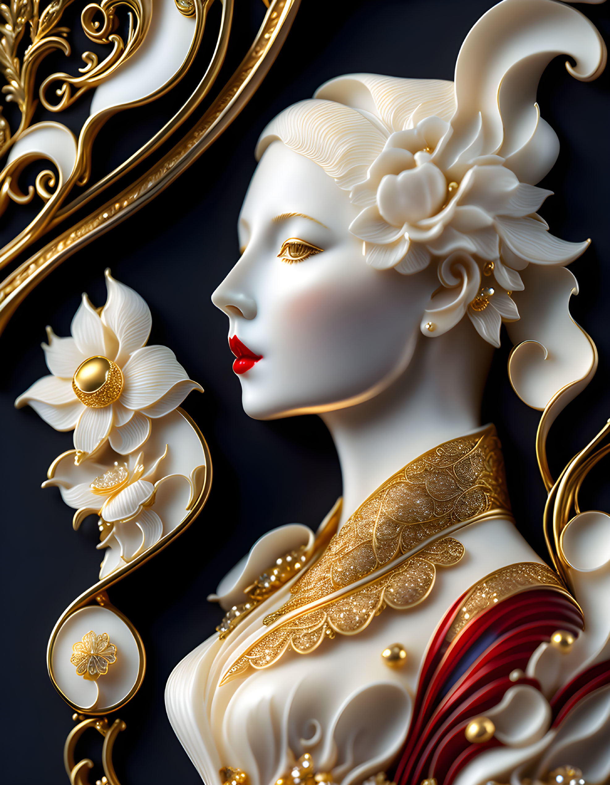 Detailed 3D illustration of stylized female figure with golden adornments and floral motifs on dark background