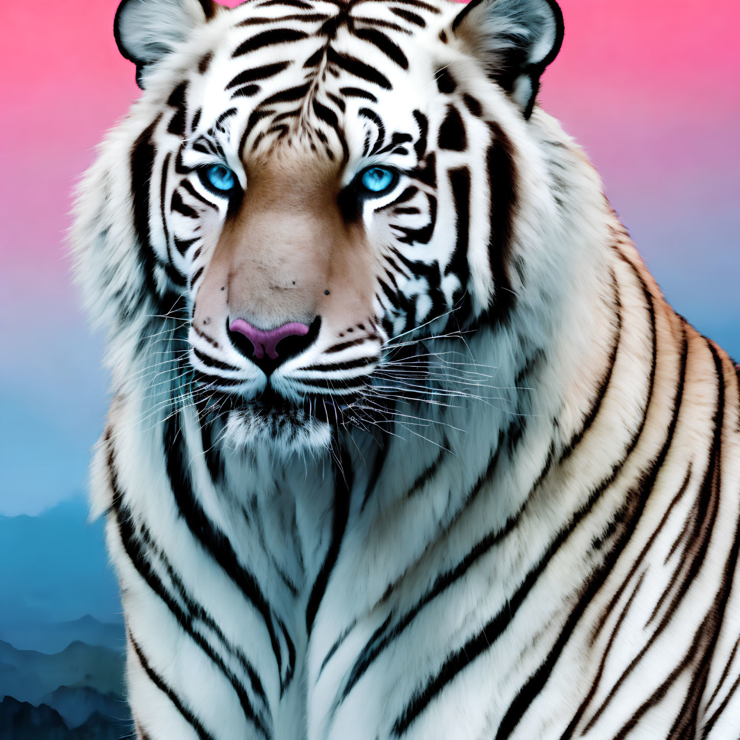 Close-up of white tiger with blue eyes on pink and blue background