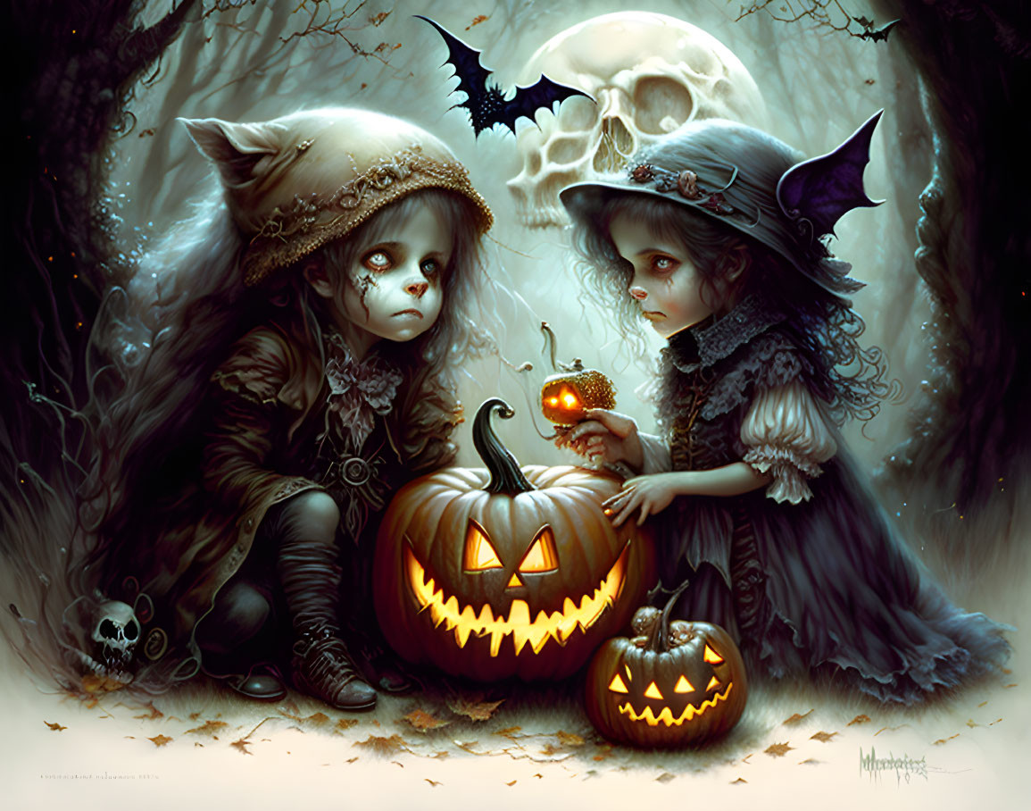 Children in elaborate costumes with carved pumpkins in eerie forest setting.