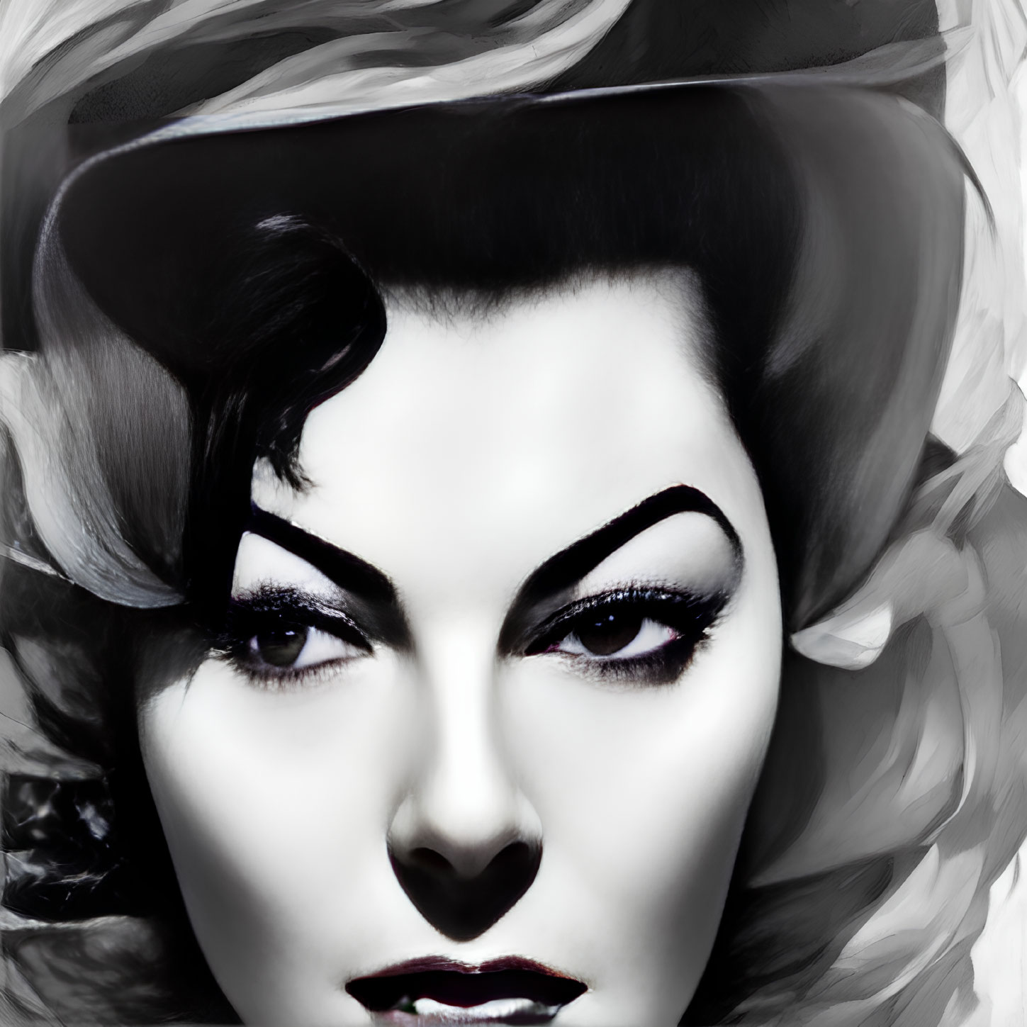 Monochromatic portrait of a woman with dramatic makeup and retro glamour hat