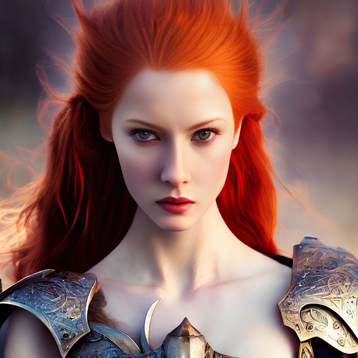 Striking red-haired woman in ornate armor against soft natural backdrop