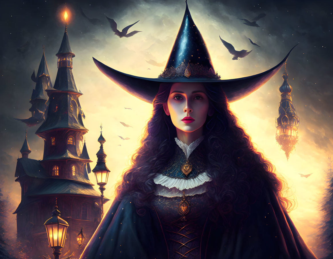 Mystical witch with large brimmed hat at magical tower at night