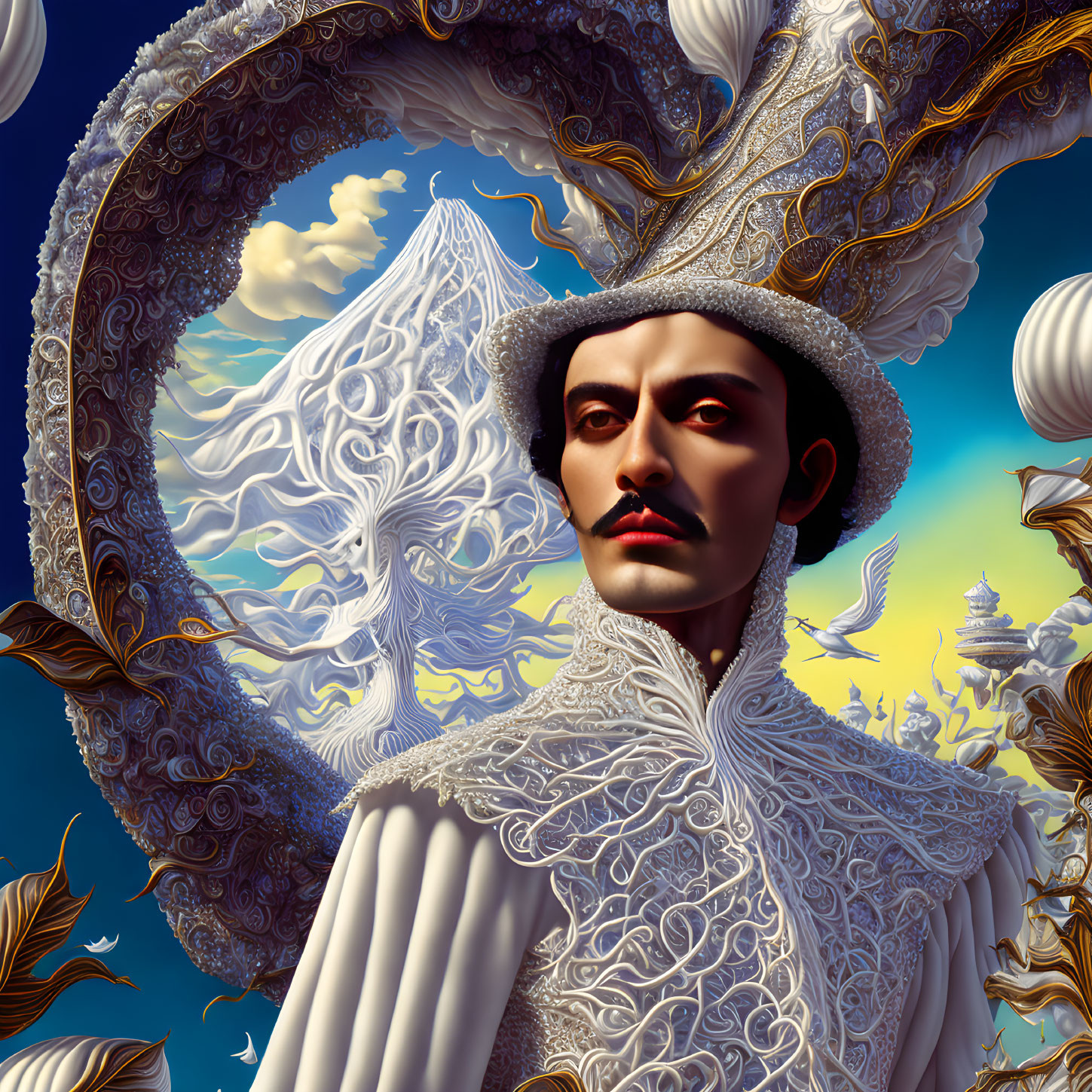Illustrated portrait of stern person with lace collar and headdress against surreal sky.