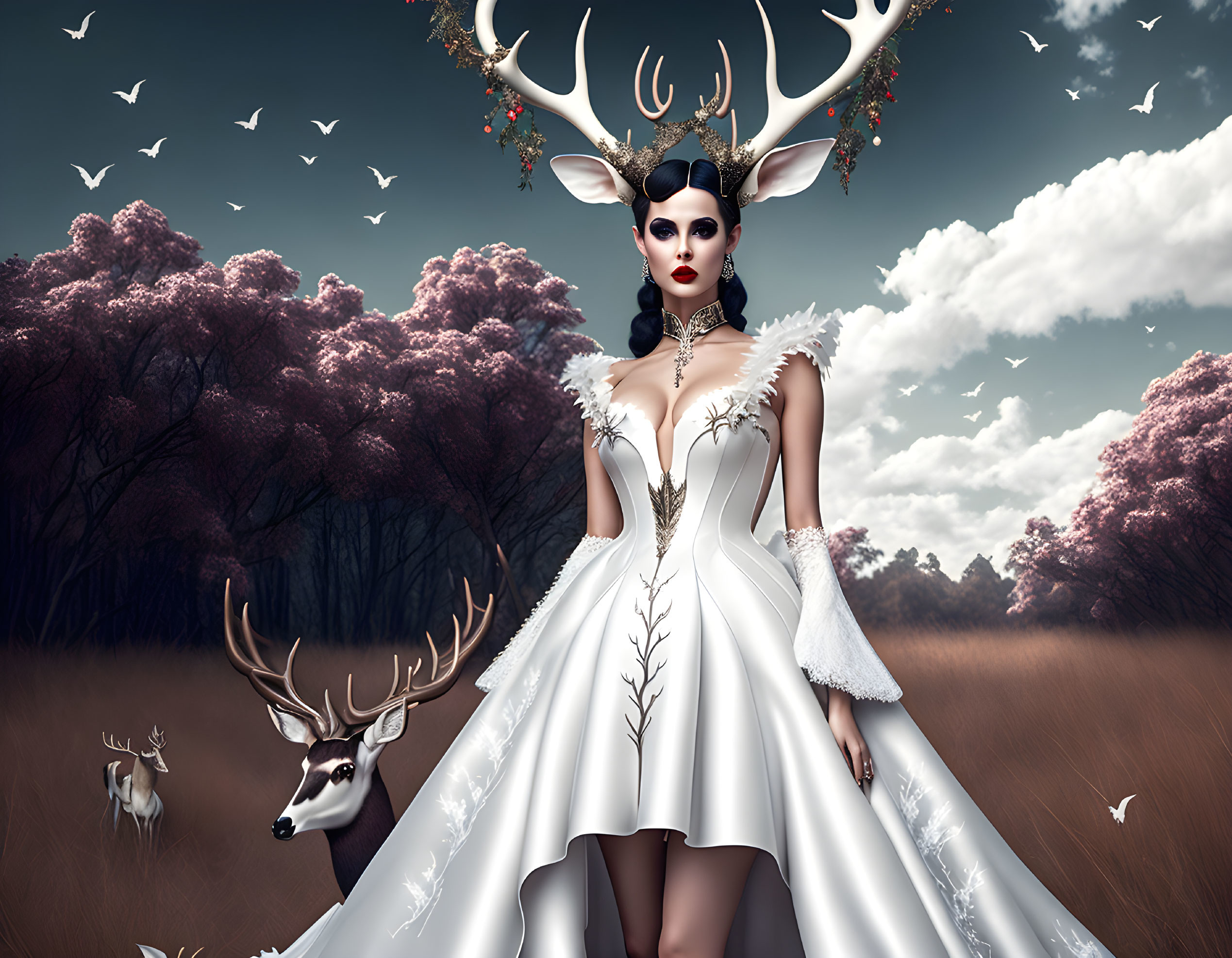 Digital artwork: Woman with antlers in mystical forest