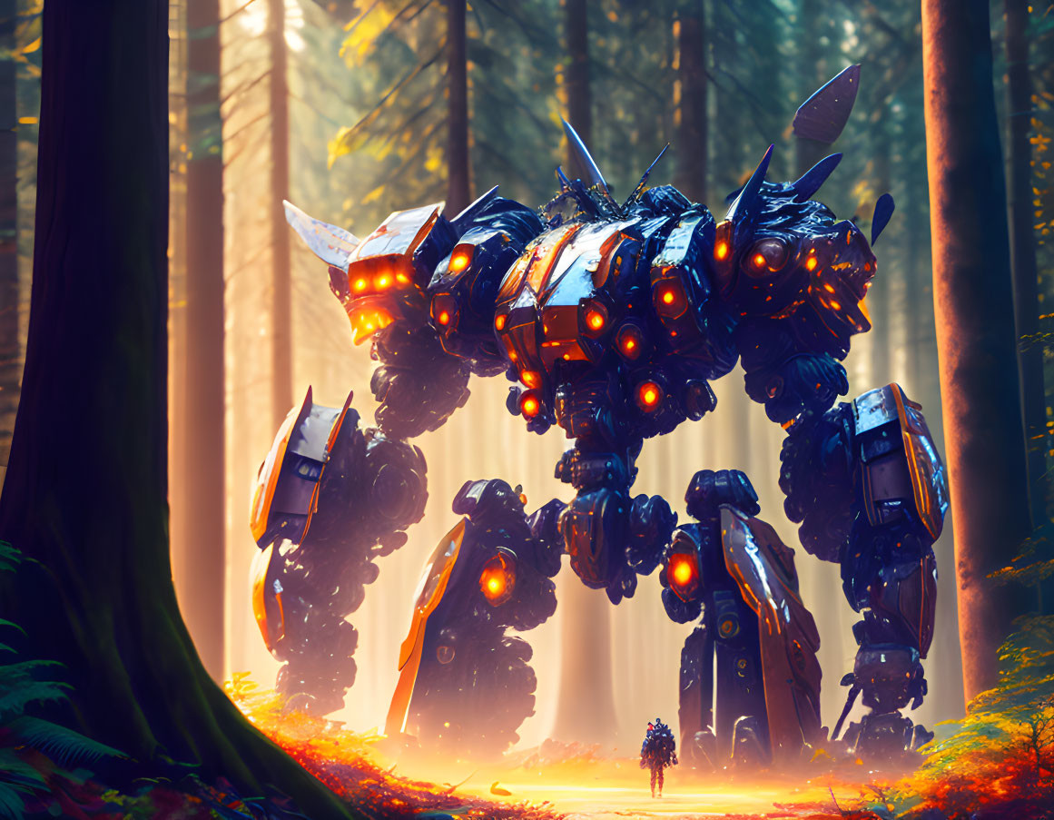 Glowing orange lights on large robot in misty forest